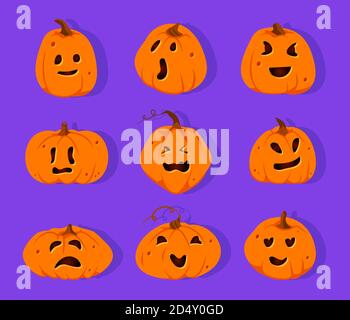 Set von Halloween Kürbisse Papier schneiden Symbole. Verschiedene Formen Squash mit geschnitzten niedlichen Gesichtern Emotion. Schild gruselig lustig niedlich schneiden Kürbis Lächeln. Dekor für Horror Party Einladung. Vektorgrafik Stock Vektor