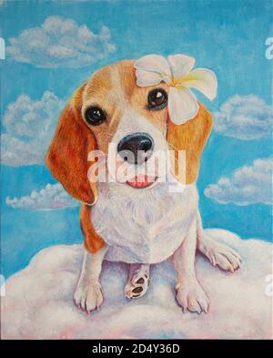 Ein niedlicher Elizabeth Beagle Hund mit Blumen auf den Ohren sitzen in den Wolken mit einem Himmel Hintergrund. Acrylgemälde auf Leinwand Stockfoto