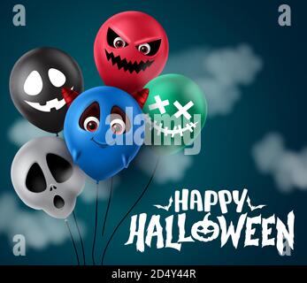 Happy halloween Vektor Banner Design. Happy halloween Text mit Ballon-Element in gruseligen Charakter Gesichter wie Dämon, Geist, Schädel und Teufel für Trick. Stock Vektor