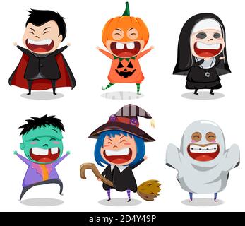 Halloween Vektor-Zeichensatz. Halloween-Charaktere wie Vampir, Nonne, Zombie, Hexe und Geist isoliert in weißem Hintergrund für Cartoon-Horror. Stock Vektor