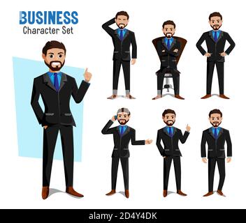 Zeichenvektorsatz Business man. Geschäftsmann Boss Charaktere im Stehen und Sitzen Pose und Geste isoliert in weißem Hintergrund. Stock Vektor