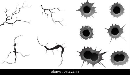 Einschussloch und geschliffene Risse gesetzt. Metall Einzel-und Doppel-Bullet-Loch, Schaden-Effekt. Erdbeben und Bodenrisse, Craquelure und beschädigte Wandstruktur. Vektor-Illustrationen zu den Themen Erdbeben, Absturz, Zerstörung Stock Vektor