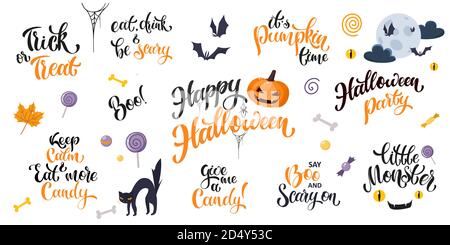 Halloween Cartoon Schriftzug Set. Handgeschriebener Text mit beliebten halloween-Zitaten. Vektor-Design für Banner, Karten, Poster, Flyer und Party-Einladungen Stock Vektor