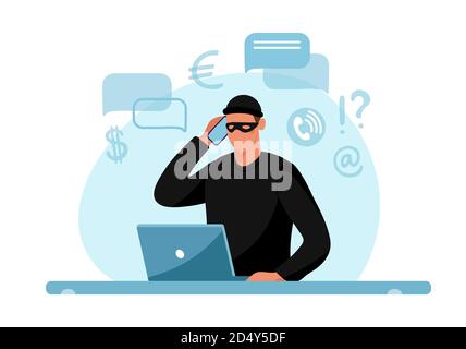 Internettelefonkriminalität. Konzeptionelle Illustration von Online-Internet-Betrug, Cyberkriminalität, Daten-Hacking. Cartoon-Design auf weißem Hintergrund isoliert. Flache Vektorgrafik Stock Vektor