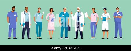 Satz von männlichen und weiblichen Charakteren von Ärzten. Chirurgen, Ärzte, Krankenschwestern. Konzeptionelle Illustration, Krankenhaus medizinisches Team, Poster. Vektorvorlage für Design Stock Vektor
