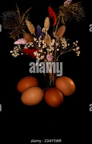 Vertikale Kunst Foto von Hühnereiern mit einem Bouquet von Getrocknete Blüten auf schwarzem Hintergrund Stockfoto