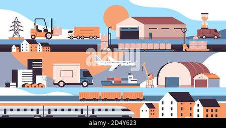 Logistik Transport Set LKW Schiff Flugzeug Zug Lager Fracht Symbole express Delivery Service Konzept horizontale Vektor-Illustration Stock Vektor