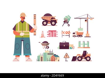 Symbole für Engineering-Tools und Techniker in einheitlicher Halteebene einstellen Bau von Gebäuden Konzept volle Länge isoliert horizontale Vektor-Illustration Stock Vektor