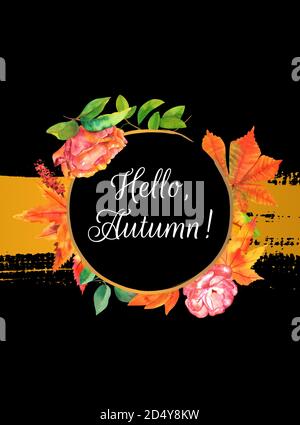 Hallo, Herbstbanner mit Aquarellblättern, Ästen und Blumen, auf schwarzem Hintergrund mit goldenem Pinselstrich Stockfoto