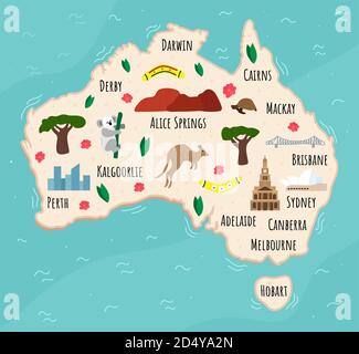 Cartoon-Karte von Australien. Reisebilder mit australischen Wahrzeichen, Gebäuden, Lebensmitteln und Pflanzen. Lustige Touristen Infografiken. Nationale Symbole Stock Vektor