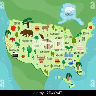 Touristische Infografiken über Amerika. Cartoon-Karte der USA. Reise-Illustration mit Sehenswürdigkeiten, Gebäuden, Lebensmitteln und Pflanzen. Nationale Symbole. Berühmt Stock Vektor