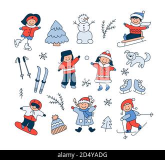 Kinder spielen im Schnee, Rodeln, Skifahren, Skaten, Snowboarden und legen Doodle Winterobjekte. Stock Vektor