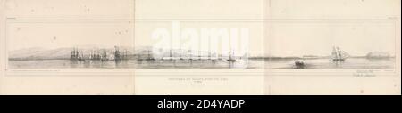 Antike Panoramazeichnung des Hafens von Callao, Lima, Peru. Aus dem Buch 'Voyage dans l'Amérique Méridionale' [Reise nach Südamerika: (Brasilien, die östliche republik Uruguay, die argentinische Republik, Patagonien, die republik Chile, die republik Bolivien, die republik Peru), ausgeführt in den Jahren 1826 - 1833] Atlas von: Orbigny, Alcide Dessalines d', d'Orbigny, 1802-1857; Montagne, Jean François Camille, 1784-1866; Martius, Karl Friedrich Philipp von, 1794-1868 Veröffentlicht Paris :Chez Pitois-Levrault. Veröffentlicht 1846-1847 in Paris Stockfoto