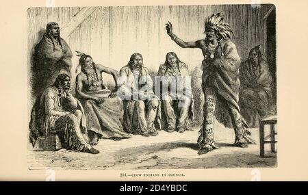 Krähenindianer im Rat Gravur auf Holz aus der menschlichen Rasse von Figuier, Louis, (1819-1894) Veröffentlichung 1872 Verlag: New York, Appleton Stockfoto