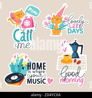 Moderne Sticker und Labels mit witzigen trendigen Elementen und Katzen Stock Vektor