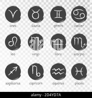 Vektor-Set von Tierkreis Grunge-Symbole auf einem transparenten Hintergrund. Handgezeichnete Elemente. Horoskop Symbole Sammlung: widder, stier, zwillinge, Krebs, löwe, Stock Vektor