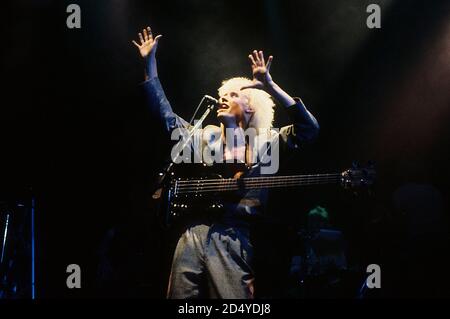 Nick Beggs aus Kajagoogoo live in Hammerswithh Odeon. London, 22. Mai 1984 – weltweite Nutzung Stockfoto