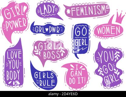 Sammlung Hand gezeichnet kommunizieren Feminismus Rede. Design Element Slogan Doodle Business Message. Stock Vektor