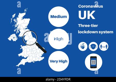 UK Local Lockdown Three Tier System Vector Infografik auf blauem Hintergrund. Stock Vektor