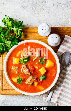 Suppe mit Rindfleisch und Gemüse auf einem weißen Teller auf einem Holzbrett. Traditionelle Fleisch-Shurpa-Suppe mit Gemüse und Kräutern. Stockfoto