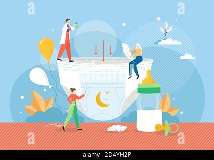Einweg Baby Windel Herstellung, flache Vektor-Illustration. Menschen, die weiche, leichte, saugfähige Babywindeln machen. Stock Vektor
