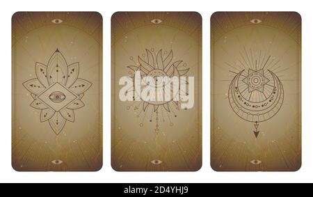 Vector Set aus drei Vintage-Hintergründe mit geometrischen Symbolen und Rahmen. Abstrakte geometrische Symbole und heilige mystische Zeichen in Linien gezeichnet. In Sepia Stock Vektor