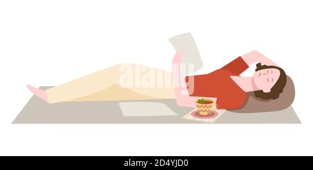 Frauen auf dem Teppich schlafen schläfrig beim Lesen von Text Papier weiß Isolierter Hintergrund mit flachen Cartoon-Stil Design Illustration Stock Vektor