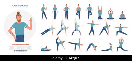 Yoga Lehrer Posen Vektor Illustration Set. Cartoon flache Yogist Mann Charakter tun Yogi Asana Übung, Meditieren, sitzen in Lotushaltung, Infografik Entspannung Aktivität Routine isoliert auf weiß Stock Vektor