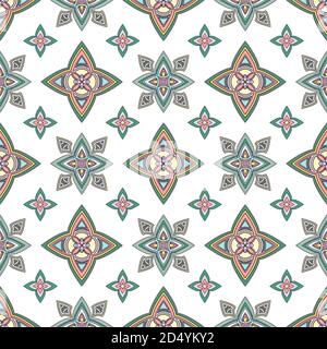 Abstrakt buntes Ornament, orientalische Kurve wirbelt nahtloses Muster mit Blumen und Locken, durchbrochen. Mehrfarbige Tracerie auf weißem Hintergrund, für Stock Vektor