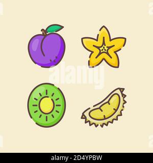 Fruit Icon Set Kollektion Pflaume Starfruit Kiwi Durian weiß isoliert Hintergrund mit Farbe flache Umrisse Stil Stock Vektor