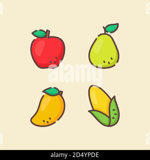 Frucht Icon Set Kollektion Apfel Birne Mango Mais weiß isoliert Hintergrund mit Farbe flache Umrisse Stil Stock Vektor