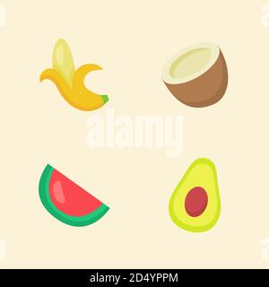 Frucht Icon Set Kollektion Banane Kokosnuss Wasser Melone Avocado weiß Isolierte Hintergrund mit Farbe flach Cartoon-Stil Stock Vektor