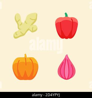 Eaoning Symbol set Sammlung Ingwer Paprika Kürbis Zwiebel weiß isoliert Hintergrund mit Farbe flach Cartoon-Stil Stock Vektor