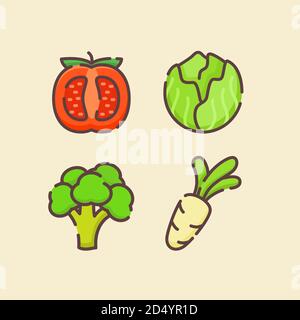 Gemüse Symbol set Sammlung Tomate Kohl brocolli Rettich weiß isoliert Hintergrund mit Farbe flache Umrisse Stil Stock Vektor