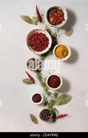 Gewürze Gewürze und Kräuter Vielfalt in Keramik Schalen. Verschiedene Paprika, Chili, Kurkuma, Lorbeer, Zimt in weißem Marmor Hintergrund Stockfoto