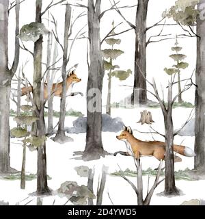 Nahtloses Muster skandinavische Illustrationen Fuchs Tier im Wald. Realistische Winter niedlich Wandern roten wilden Fuchs isoliert Illustration auf weißem Hintergrund Stockfoto