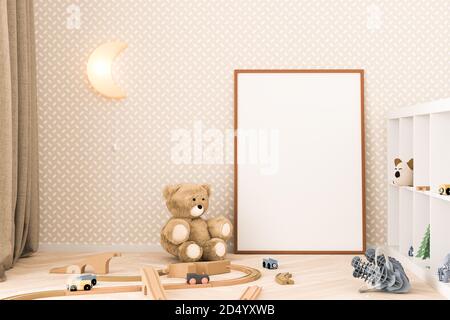 Kinderzimmer Innenmockup mit leerem Bilderrahmen (70x100cm). Teddybär, Spielzeugeisenbahn, Mammut, Katzenspielzeug, Mondlampe, Vorhang und Sideboard. P Stockfoto