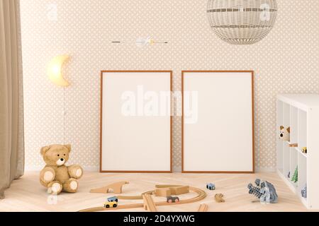 Kinderzimmer Innenmockup mit leerem Bilderrahmen (70x100cm). Teddybär, Spielzeugeisenbahn, Mammut, Katzenspielzeug, Mondlampe, Vorhang und Sideboard. P Stockfoto