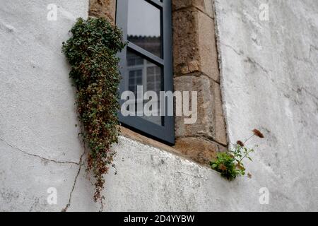 Alte spanische Fensterbeschlag mit neuem Rahmen und Glas an seiner Stelle. Sanierung Modernisierung neue Anpassung. Stockfoto