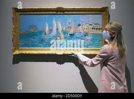 London, Großbritannien. Oktober 2020. 'Le Retour des Regates' von Raoul Dufy, Estimate £250,000-350,000 Presseinformation zu Bonhams Impressionismus und Moderne Kunst, die am 15. Oktober stattfindet. Kredit: Mark Thomas/Alamy Live Nachrichten Stockfoto