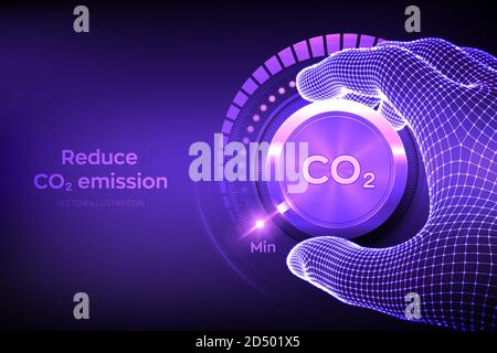 Konzept zur Kontrolle der Kohlendioxidemissionen. CO2-Wert senken. Wireframe Hand Drehen eines Kohlendioxid-Knopf auf die minimale Position. CO2-Reduzierung Stock Vektor