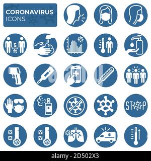 Gefüllte Coronavirus-Symbole gesetzt. COVID-19 Prävention und Schutz Block lineare Schildersammlung. Zweite Welle von Coronavirus-Epidemien. Vektorsymbole, i Stock Vektor