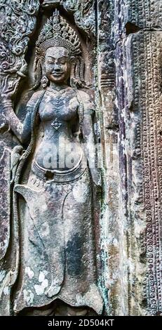Bayon Tempel Angkor Thom Kambodscha Stein asiatische Frau Statue Alte Khmer Architektur. Stockfoto