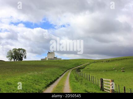 Eine Straße, die den Hügel hinauf zu einem einsamen Haus im schottischen Hochland führt. Neben dem Haus auf dem Hügel steht ein alter Baum Stockfoto