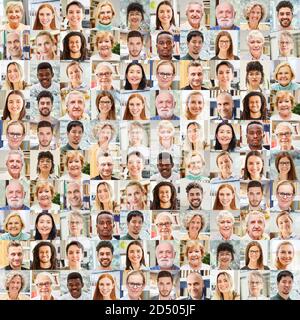 Portrait Collage Erwachsene Menschen verschiedener Generationen in Innenräumen Stockfoto