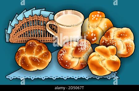 Brötchen, Milch, Servietten handgezeichnete Vektor Doodle Illustration Stock Vektor