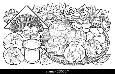 Brötchen, Blumen, Milch, Servietten handgezeichnete Vektor Doodle Illustration Stock Vektor