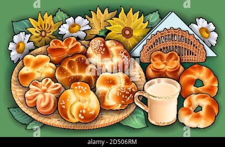 Brötchen, Blumen, Milch, Servietten handgezeichnete Vektor Doodle Illustration Stock Vektor