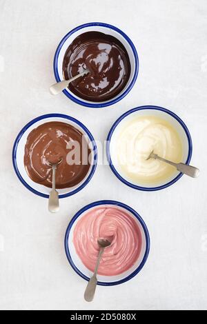 Vier Arten geschmolzener Schokolade in Schalen. Dunkle Schokolade, Milchschokolade, weiße Schokolade und Rubinschokolade Stockfoto