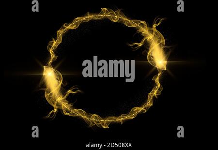 Goldener Schwanz mit Goldpartikeln und Rauch. Kreisrahmen mit Platz für Text. Funkelnder goldener Rahmen auf schwarzem Hintergrund. Strahlender glitzernder Sternenstaub. Stockfoto